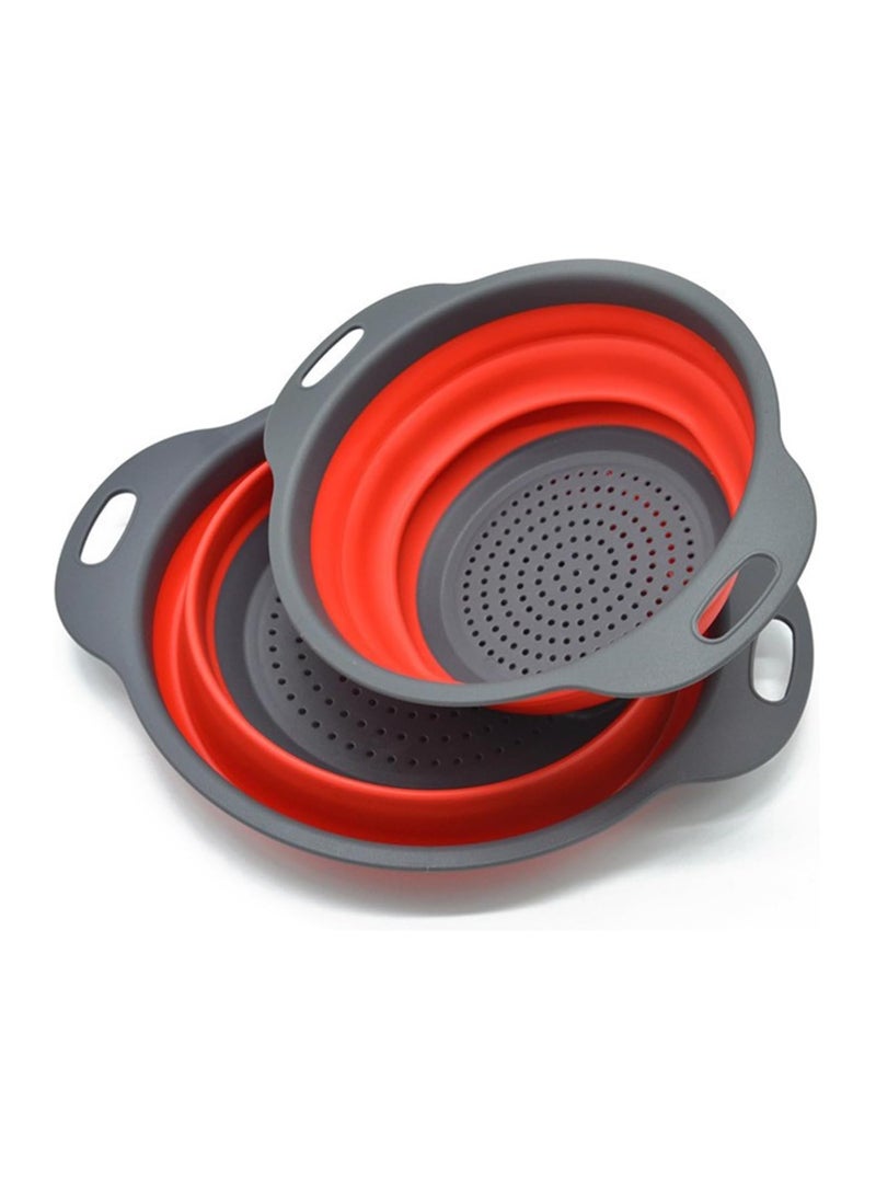 Folding Colander, 2-Piece Folding Colander, Space-Saving Kitchen Colander, Food-Grade Silicone Folding Colander With Handle, 1 Large + 1 Small (Red) - Image 1