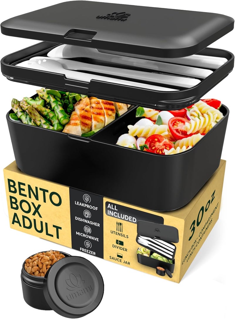 UMAMI Lunch Box Containers w/ 4 Utensils, Sauce Jar, Nestable Space-Saving Bento Box Adult, 100% Leakproof, Microwavable Lunch Containers for Adults, Design Award Winner, Black, 30 oz - Image 1