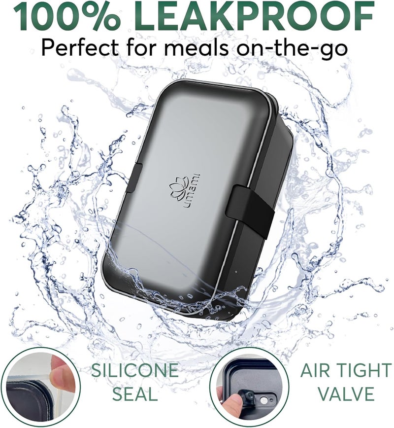 UMAMI Lunch Box Containers w/ 4 Utensils, Sauce Jar, Nestable Space-Saving Bento Box Adult, 100% Leakproof, Microwavable Lunch Containers for Adults, Design Award Winner, Black, 30 oz - Image 2