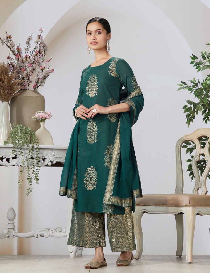 Biba Cotton Women Printed Straight Salwar Kurta Dupatta(Skdassorted7074E_Green_32) - Image 2