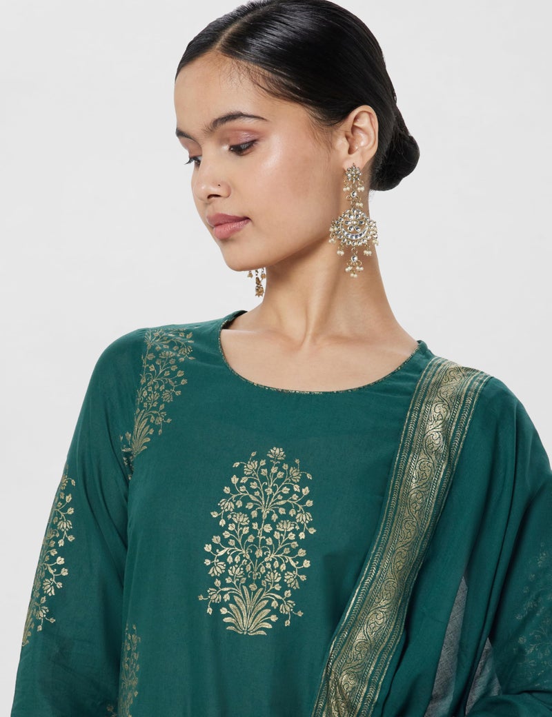 Biba Cotton Women Printed Straight Salwar Kurta Dupatta(Skdassorted7074E_Green_32) - Image 4
