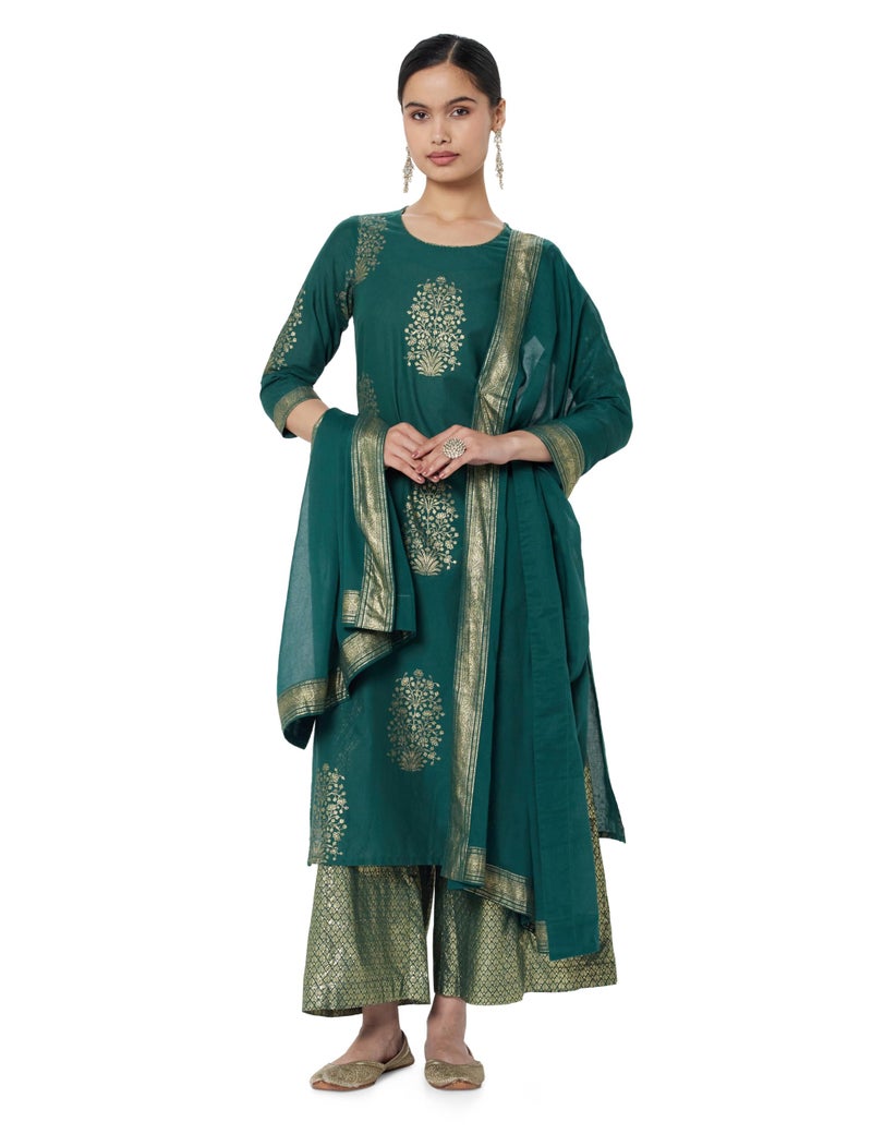 Biba Cotton Women Printed Straight Salwar Kurta Dupatta(Skdassorted7074E_Green_32) - Image 1