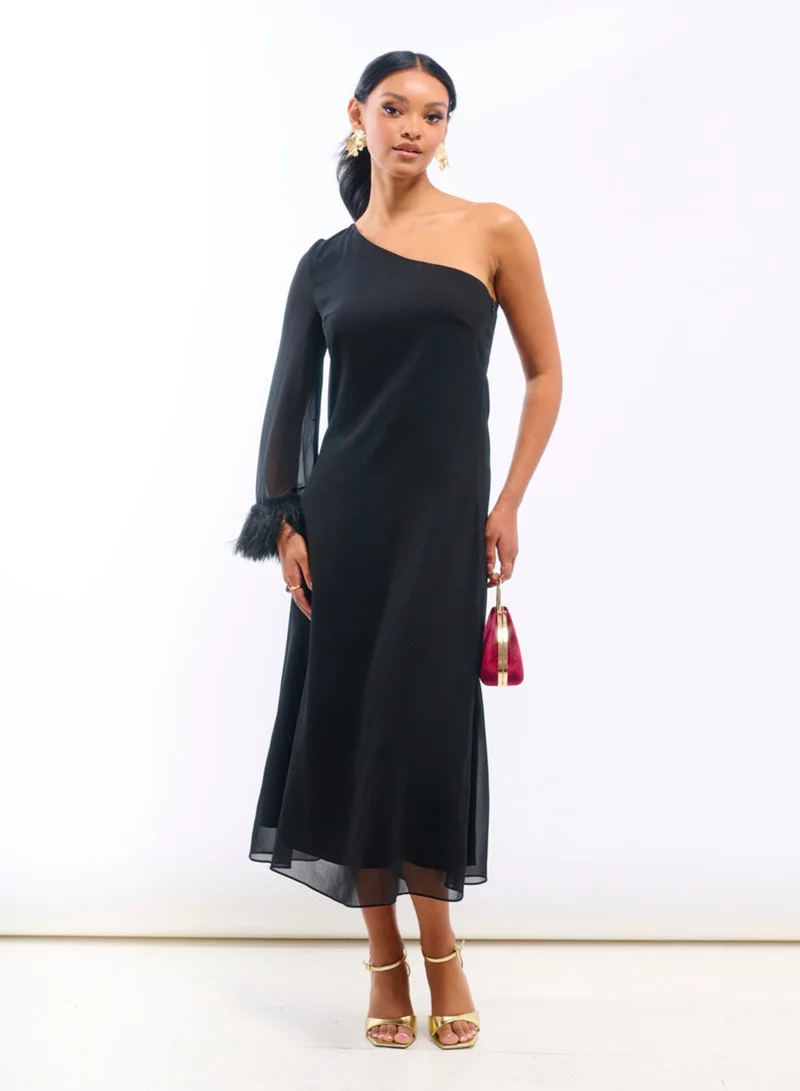 Black Asymmetric Feather Cuff Dress