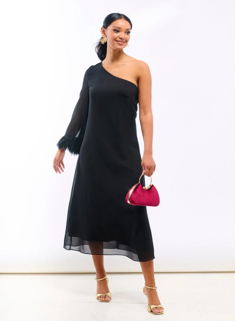 Needs No Label  Black Asymmetric Feather Cuff Dress for Women | Best Price UAE