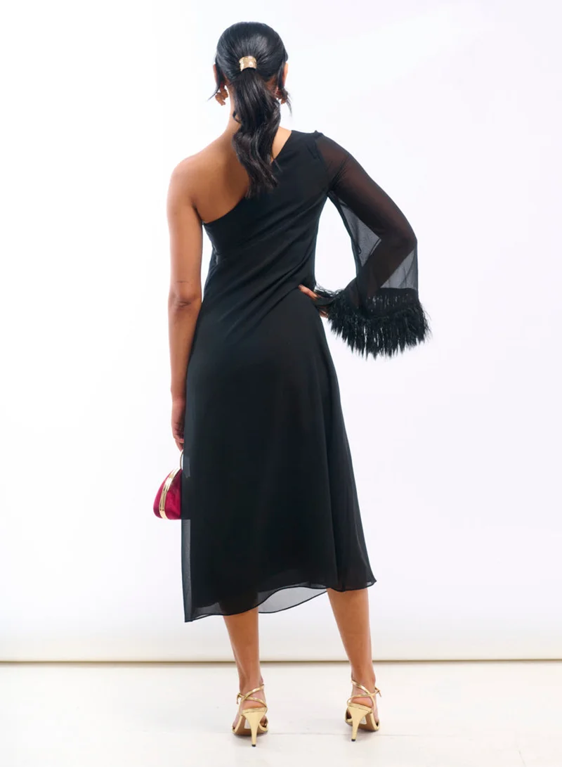 Needs No Label  Black Asymmetric Feather Cuff Dress for Women | Best Price UAE