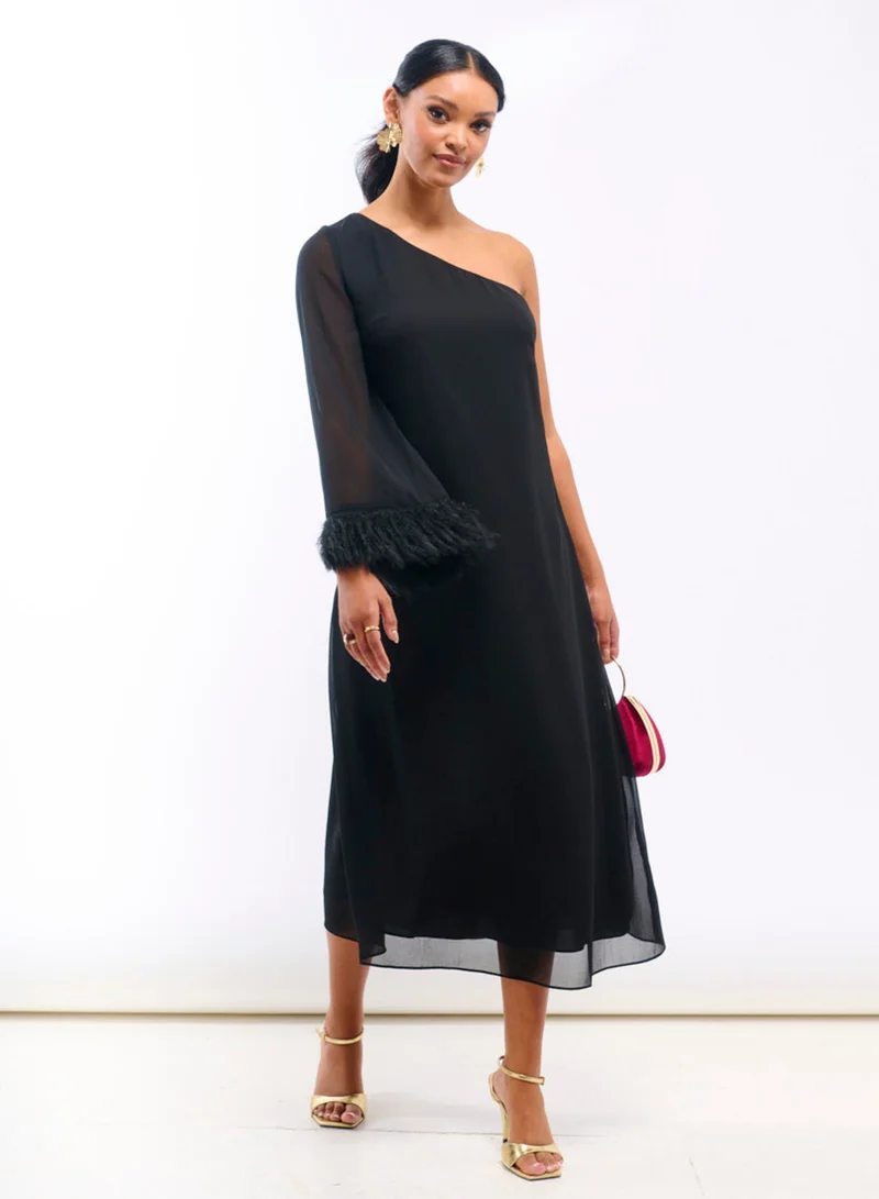 Needs No Label  Black Asymmetric Feather Cuff Dress for Women | Best Price UAE
