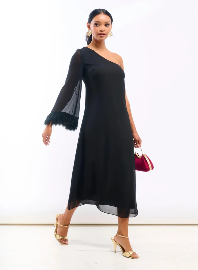 Needs No Label Black Asymmetric Feather Cuff Dress