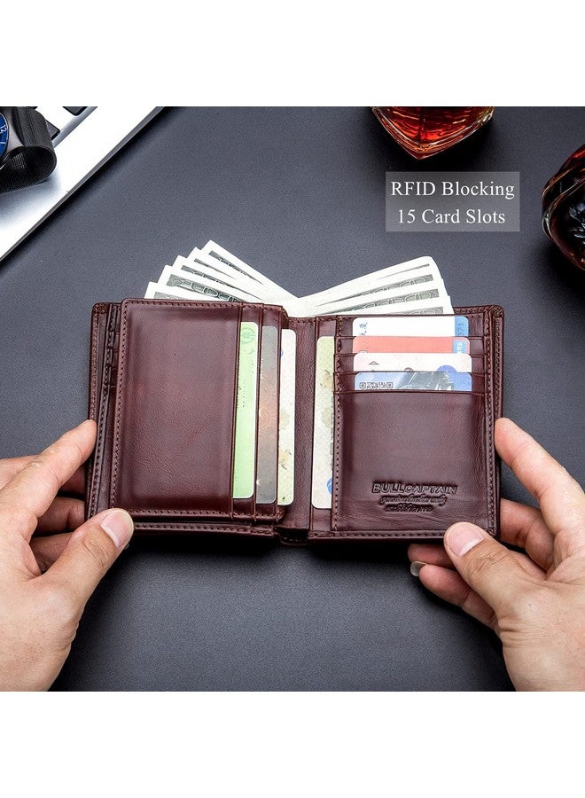 BULLCAPTAIN Large Capacity Genuine Leather Bifold Wallet/Credit Card Holder for Men with 15 Card Slots QB-027 (Brown) - Image 3