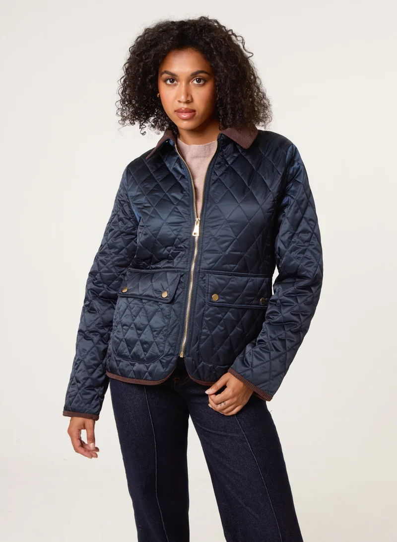 Blue Vanilla Diamond Quilted Cord Collar Coat