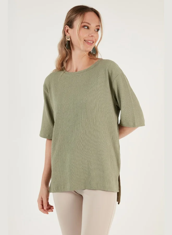 Lela Lela Crew Neck Slit Detailed Crepe Fabric Blouse Women's BLOUSE 5865365