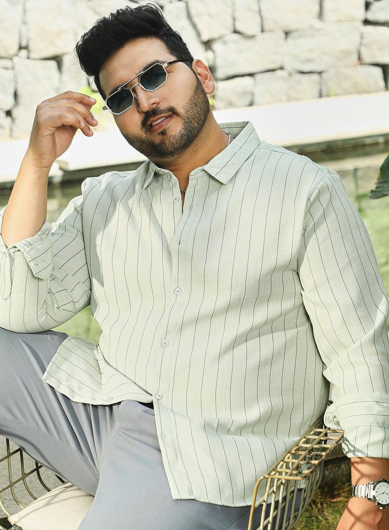 Instafab Plus Men's Coin Grey Unbalanced-Pinstripe Shirt For Casual Wear | Spread Collar | Long Cuffed Sleeves | Button Closure | Plus Size Shirt Crafted With Comfort Fit For Everyday Wear - Image 1