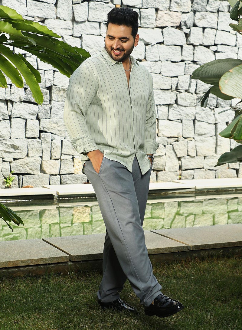 Instafab Plus Men's Coin Grey Unbalanced-Pinstripe Shirt For Casual Wear | Spread Collar | Long Cuffed Sleeves | Button Closure | Plus Size Shirt Crafted With Comfort Fit For Everyday Wear - Image 5