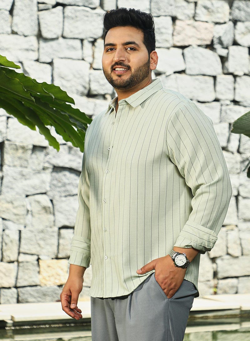 Instafab Plus Men's Coin Grey Unbalanced-Pinstripe Shirt For Casual Wear | Spread Collar | Long Cuffed Sleeves | Button Closure | Plus Size Shirt Crafted With Comfort Fit For Everyday Wear - Image 3