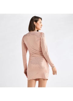 FAV Shimmer Textured Mini Dress with Long Sleeves and V-neck  - Image 3