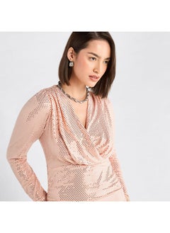 FAV Shimmer Textured Mini Dress with Long Sleeves and V-neck  - Image 4