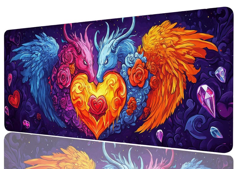 Colorful Dragon Gaming Mouse Pad Colorful Cartoon Angel Demon Heart Mousepad Large Gaming Mouse Pad Laptop Keyboard Mat Non-Slip Rubber Base Keyboard Desk Pad for Home Office Study Game 31.5”x11.8”