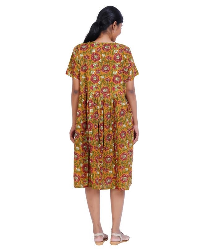 MENMAII Women's Pleated/AliaCut (L to 4XL)- Front Open/Button Down/Maternity/Feeding/Elderly/Hospital Use Short Length Dress - [M.Yellow ] - Image 5