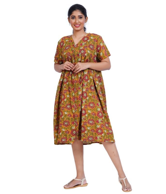 MENMAII Women's Pleated/AliaCut (L to 4XL)- Front Open/Button Down/Maternity/Feeding/Elderly/Hospital Use Short Length Dress - [M.Yellow ] - Image 1
