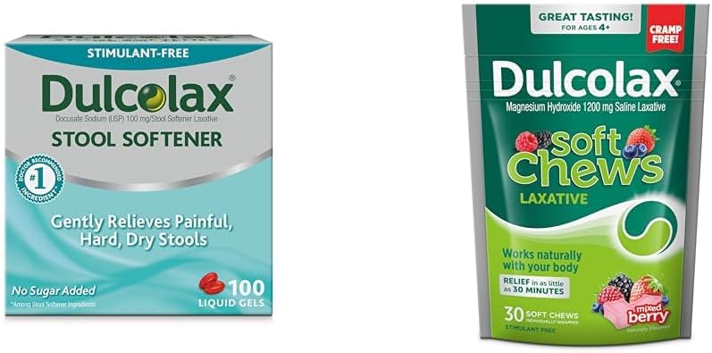 DULCOLAX كبسولات جل ملين دلكولاكس لتليين البراز 100 حبة مضغ لينة ملين ملحي بنكهة التوت المختلط 30 حبة مجموعة تخفيف الإمساك - Image 1