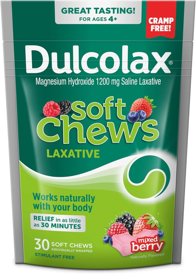 DULCOLAX كبسولات جل ملين دلكولاكس لتليين البراز 100 حبة مضغ لينة ملين ملحي بنكهة التوت المختلط 30 حبة مجموعة تخفيف الإمساك - Image 5