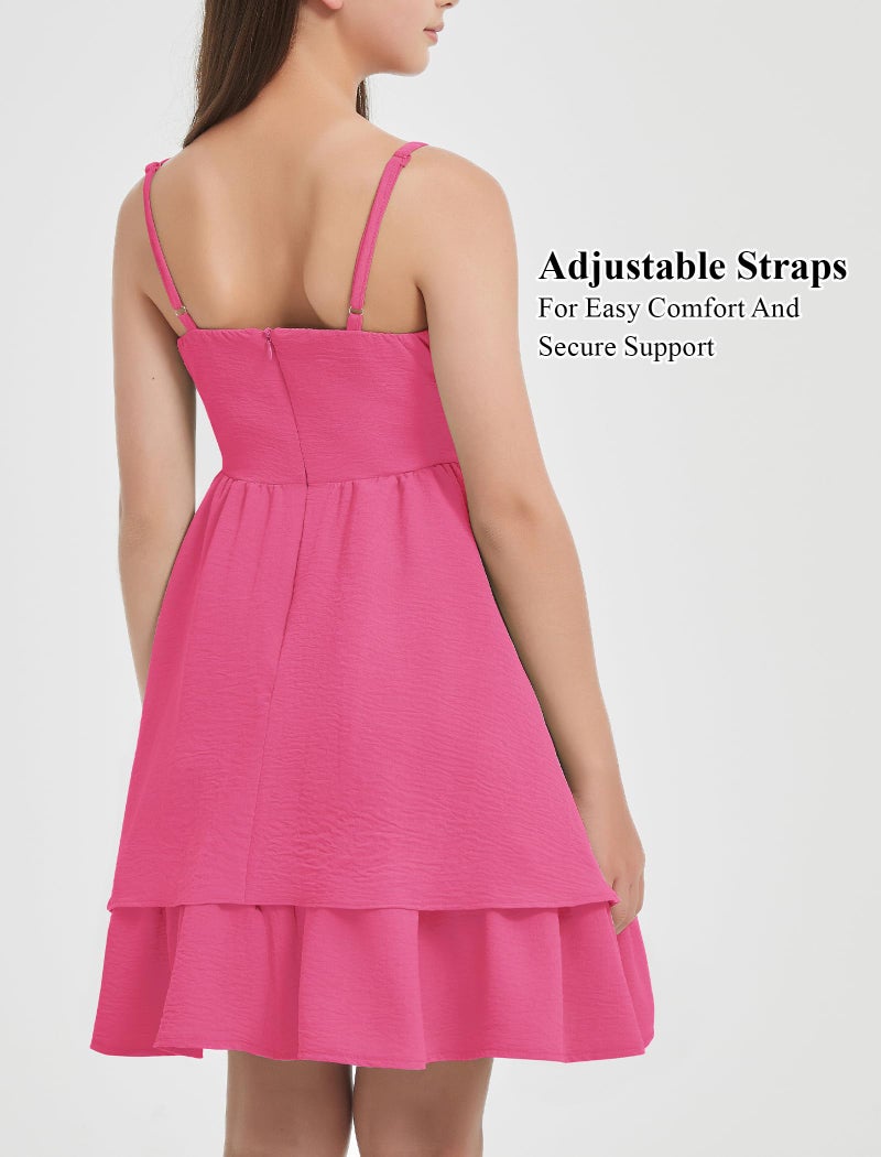 EXARUS Girls Dress Hot Pink Teen Easter Church Formal Back to School Homecoming Dance Casual Tween Swing Ruched Flowy Ruffle Summer Spaghetti Strap Adjustable Outfits Dresses Cami for 10 Years - Image 4