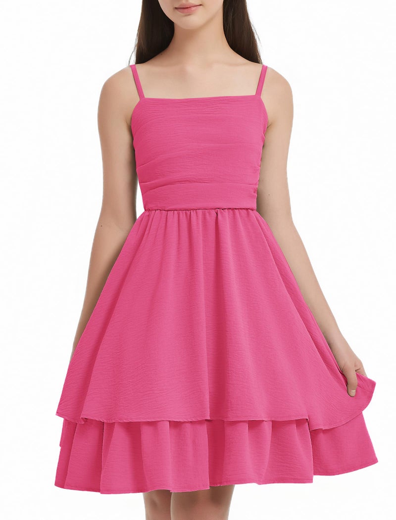 EXARUS Girls Dress Hot Pink Teen Easter Church Formal Back to School Homecoming Dance Casual Tween Swing Ruched Flowy Ruffle Summer Spaghetti Strap Adjustable Outfits Dresses Cami for 10 Years - Image 2