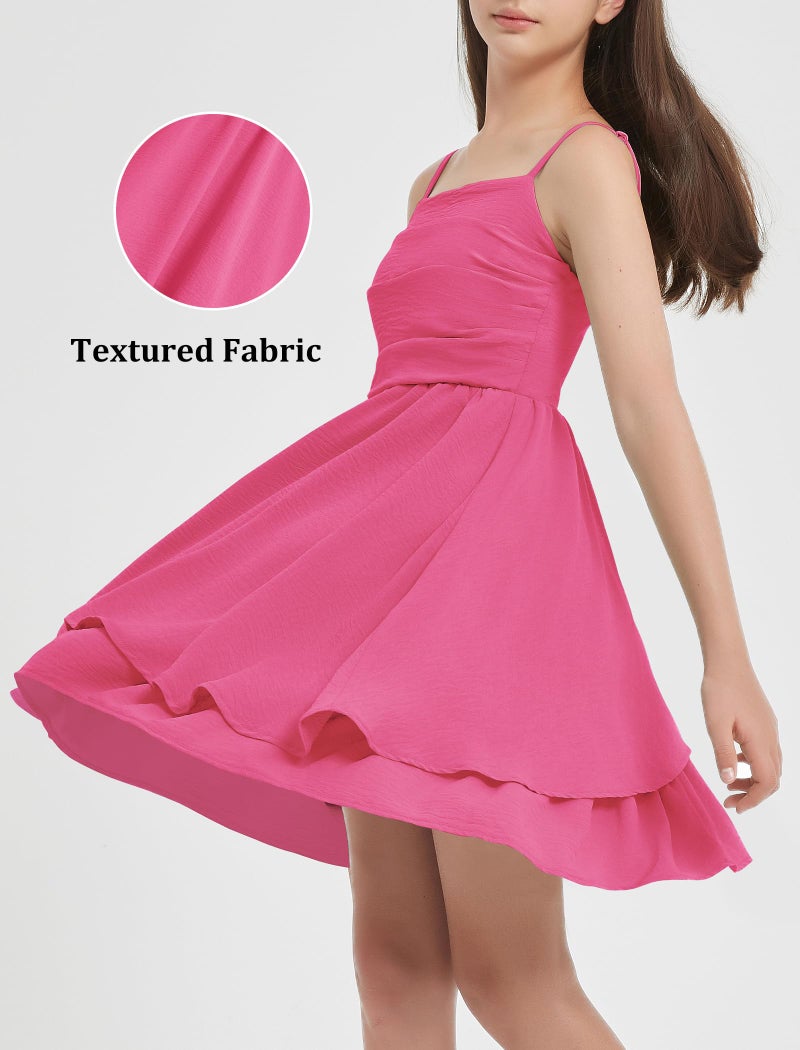 EXARUS Girls Dress Hot Pink Teen Easter Church Formal Back to School Homecoming Dance Casual Tween Swing Ruched Flowy Ruffle Summer Spaghetti Strap Adjustable Outfits Dresses Cami for 10 Years - Image 3