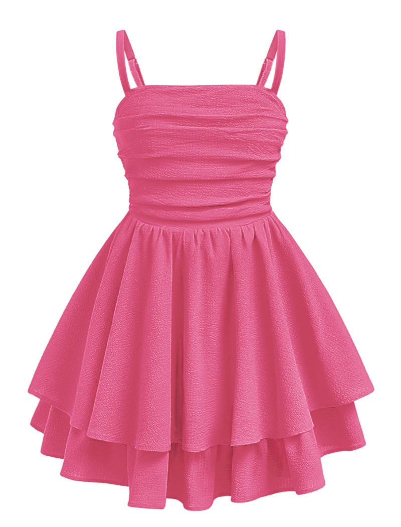 EXARUS Girls Dress Hot Pink Teen Easter Church Formal Back to School Homecoming Dance Casual Tween Swing Ruched Flowy Ruffle Summer Spaghetti Strap Adjustable Outfits Dresses Cami for 10 Years - Image 1