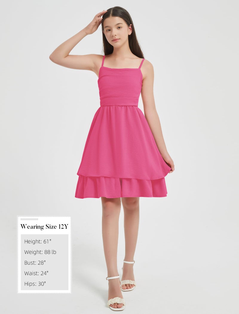 EXARUS Girls Dress Hot Pink Teen Easter Church Formal Back to School Homecoming Dance Casual Tween Swing Ruched Flowy Ruffle Summer Spaghetti Strap Adjustable Outfits Dresses Cami for 10 Years - Image 5