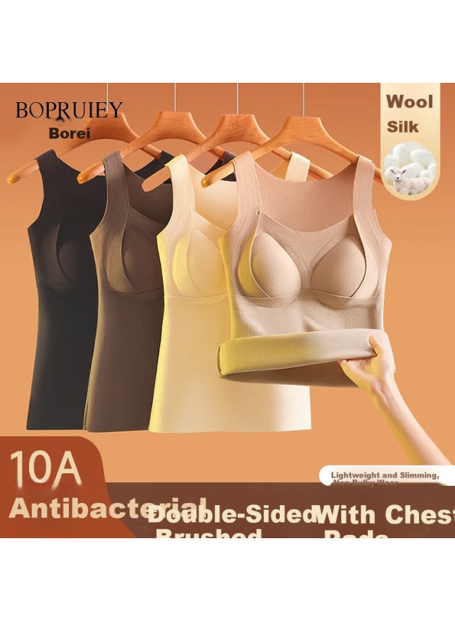 Bopruiey Women's Warm Vest Cashmere Silk Double-sided Fleece Autumn Winter Seamless Innerwear With Chest Pad, No Bra Needed