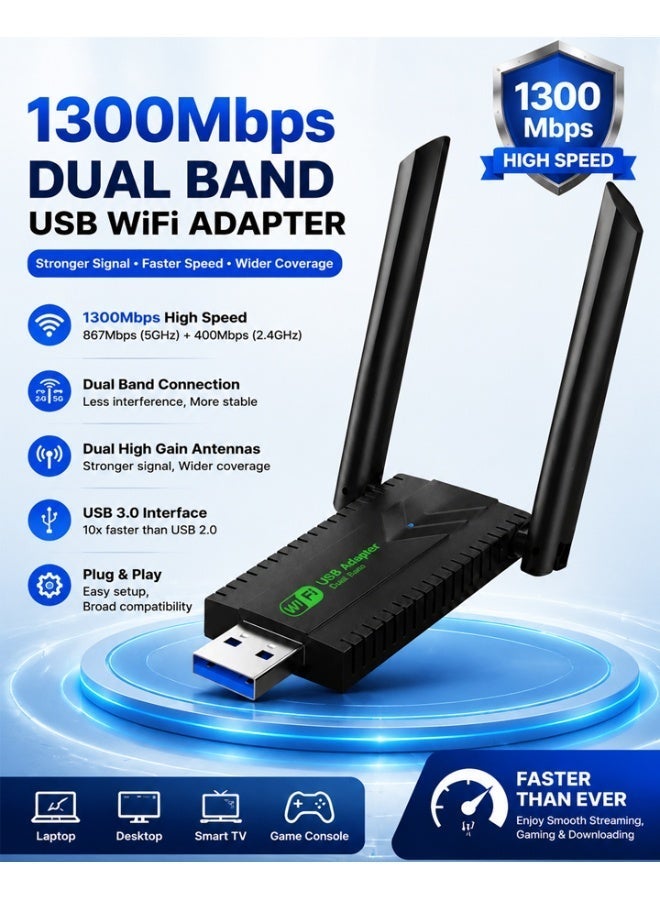 جوي فوكس محول واي فاي لاسلكي USB، جهاز استقبال خارجي للشبكة اللاسلكية ثنائي النطاق 5.8/2.4 جيجاهرتز بسرعة 1300 ميجابت في الثانية لأجهزة الكمبيوتر/الكمبيوتر المكتبي/الكمبيوتر المحمول/الكمبيوتر اللوحي، يدعم أنظمة التشغيل Windows 11/10/8/7/Vista/XP - Image 2
