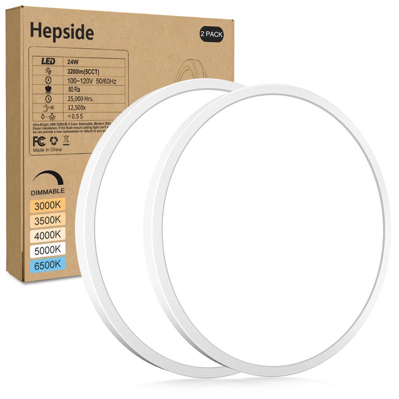hepside 2Pack LED Flush Mount Ceiling Light Fixture, 12Inch 24W, Dimmable&3000K/3500K/4000K/5000K/6500K Adjustable Low Profile Ceiling Lights, White Round Flat Ceiling Light for Closet,Kitchen,Hallway - Image 1