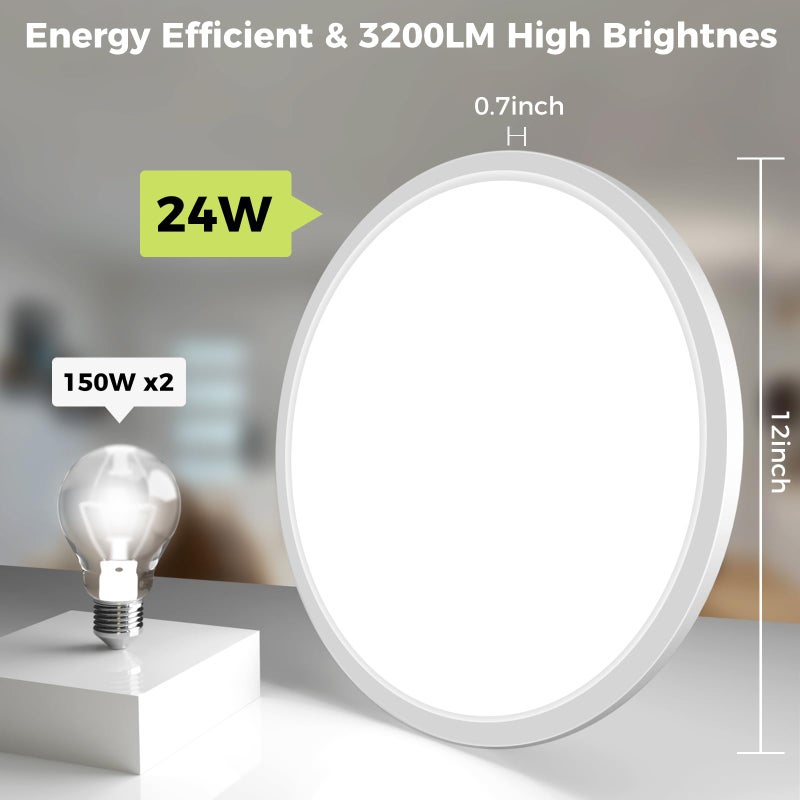 hepside 2Pack LED Flush Mount Ceiling Light Fixture, 12Inch 24W, Dimmable&3000K/3500K/4000K/5000K/6500K Adjustable Low Profile Ceiling Lights, White Round Flat Ceiling Light for Closet,Kitchen,Hallway - Image 4