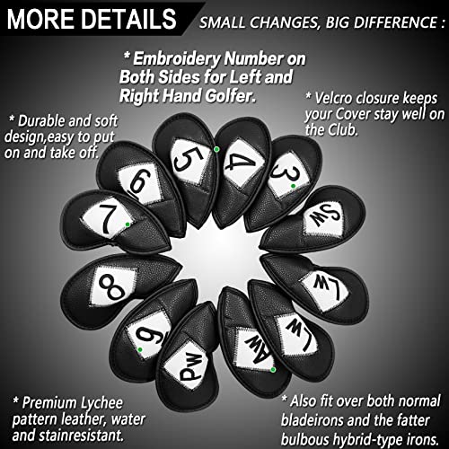 FINGER TEN Premium Synthetic Leather Stylish Iron & Wedge Golf Head Covers Value 12 Piece Set, Embroidered Labels & Fits Most Clubs Gift Set, Travel Protection Accessories (Both Side-Black) - Image 2