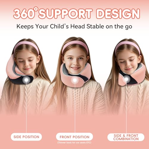 Proglobe Junior Kids Travel Neck Pillow - Ergonomic Memory Foam Pillow for Airplane, Car, Booster Seat - Soft, Washable, Compact Travel Pillow with Strap - Light Pink - Ages 4-13 - Image 3