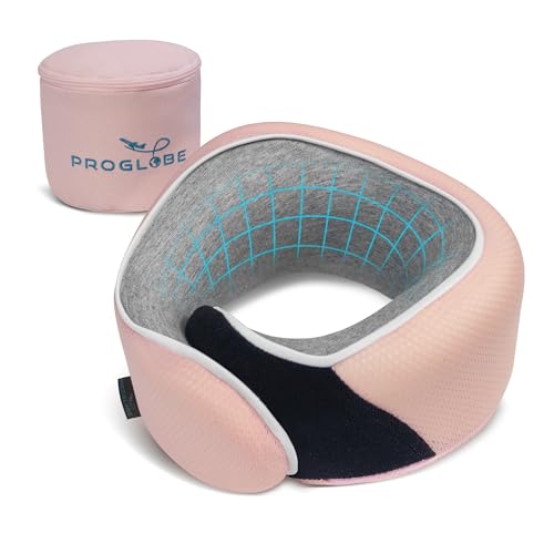 Proglobe Junior Kids Travel Neck Pillow - Ergonomic Memory Foam Pillow for Airplane, Car, Booster Seat - Soft, Washable, Compact Travel Pillow with Strap - Light Pink - Ages 4-13 - Image 1