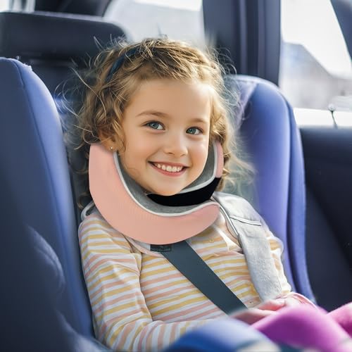 Proglobe Junior Kids Travel Neck Pillow - Ergonomic Memory Foam Pillow for Airplane, Car, Booster Seat - Soft, Washable, Compact Travel Pillow with Strap - Light Pink - Ages 4-13 - Image 2