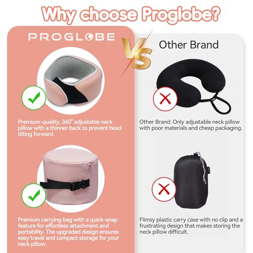 Proglobe Junior Kids Travel Neck Pillow - Ergonomic Memory Foam Pillow for Airplane, Car, Booster Seat - Soft, Washable, Compact Travel Pillow with Strap - Light Pink - Ages 4-13 - Image 5