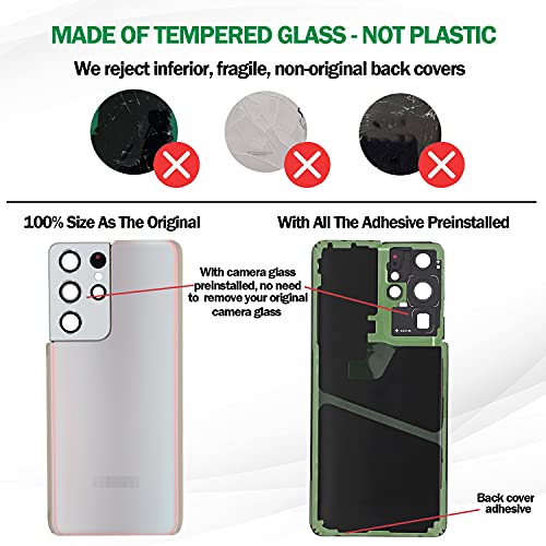 ASDAWN Galaxy S21 Ultra Back Glass Replacement Cover with Pre-Installed Camera Lens+ Tools for Samsung Galaxy S21 Ultra 5G SM-G998 All Carriers (Phantom Silver) - Image 4