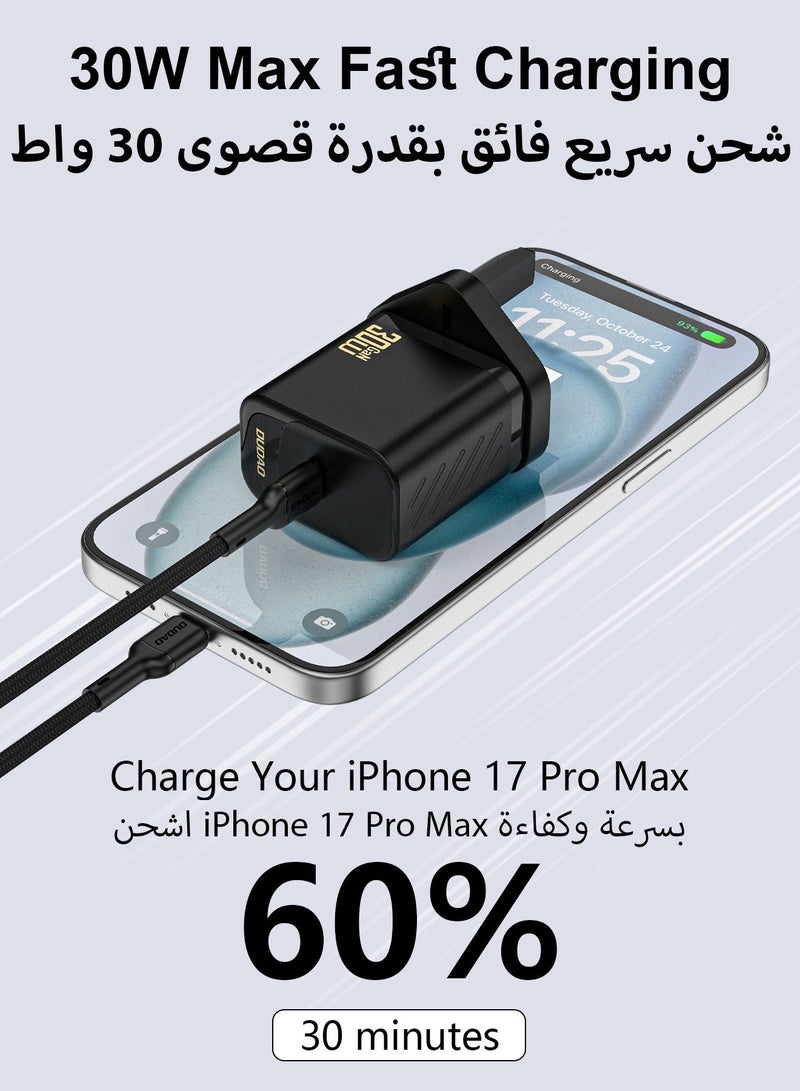 دوداو شاحن سريع بقوة 30 واط بتقنية GaN، مزود بكابل USB-C إلى USB-C، شاحن جداري بتقنية PD مع نظام حماية من 9 طبقات، وتحكم ذكي في درجة الحرارة للحفاظ على برودة الجهاز، متوافق مع آيفون، سامسونج، هواوي، شاومي والمزيد. - Image 2