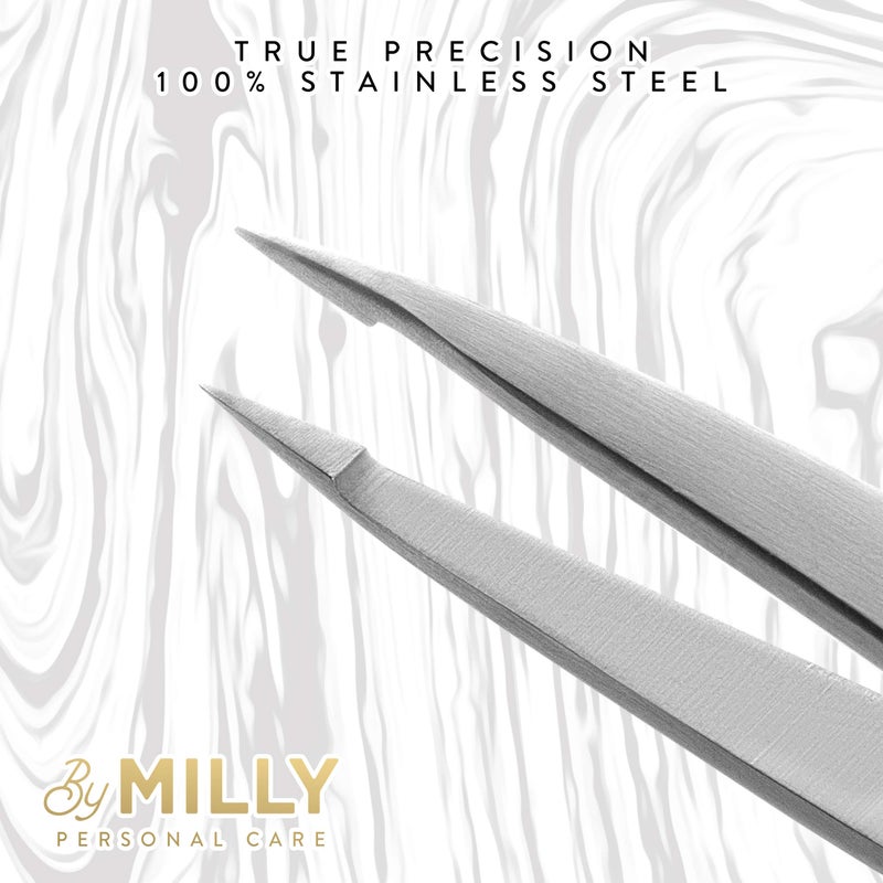 By MILLY Pointed Tweezers | High Carbon Stainless Steel Needle Nose Tweezers | Fine Point Tweezers Precision Hair Removal | Perfectly Aligned & Hand-Filed Sharp Tweezers | Silver - Image 4