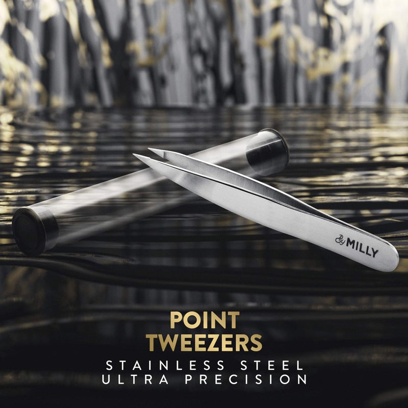 By MILLY Pointed Tweezers | High Carbon Stainless Steel Needle Nose Tweezers | Fine Point Tweezers Precision Hair Removal | Perfectly Aligned & Hand-Filed Sharp Tweezers | Silver - Image 3
