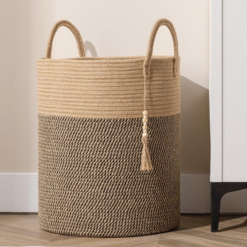 Fohome Laundry Hamper Basket, 58L Tall Woven Rope Baby Nursery Hamper with Handles, Foldable Laundry Basket for Blanket Storage, Clothes, Decorative Storage Basket (B) - Image 1