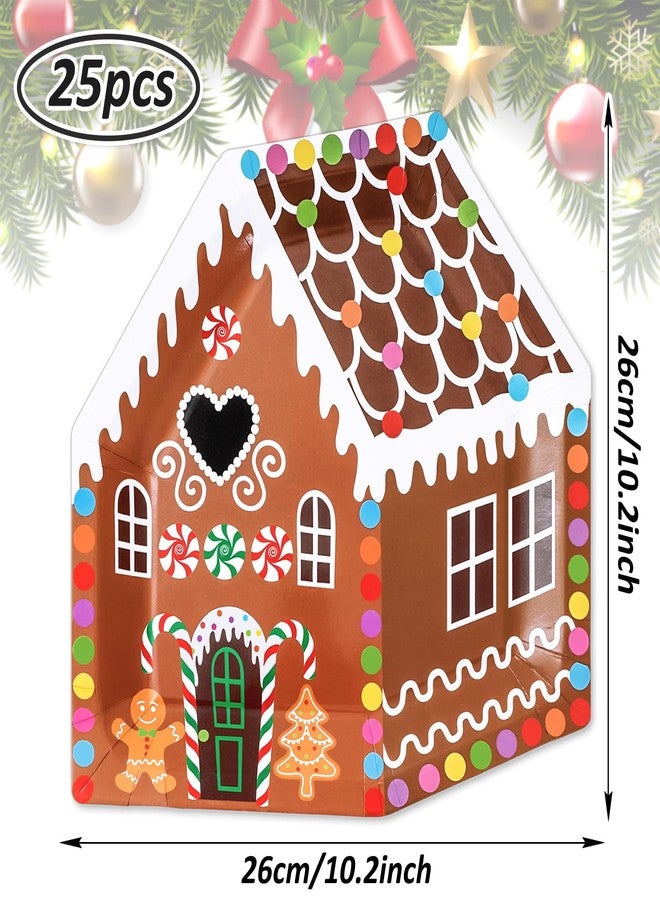 Whaline 25Pcs Christmas Paper Plates Gingerbread House Shaped Dinner Plates Colorful Xmas Disposable Plates for Winter Holiday Party Supplies Table Decor, 10.2 x 10.2 in - Image 2
