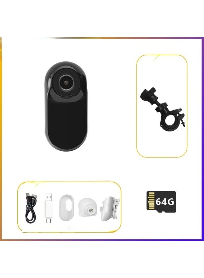 شابية كاميرا رياضية صغيرة بدقة 1080 بكسل، كاميرا أكشن صغيرة مع بطاقة ذاكرة مدمجة 64 جيجابايت، بحجم الإبهام، كاميرات مدمجة للعمل والسفر وركوب الدراجات والحيوانات الأليفة، طوق كاميرا للقطط (يحتوي على بطاقة ذاكرة 64 جيجابايت، كابل بيانات، محول، غطاء سيليكون، قاعدة، مشبك خلفي، حامل دراجة، أسود) - Image 1