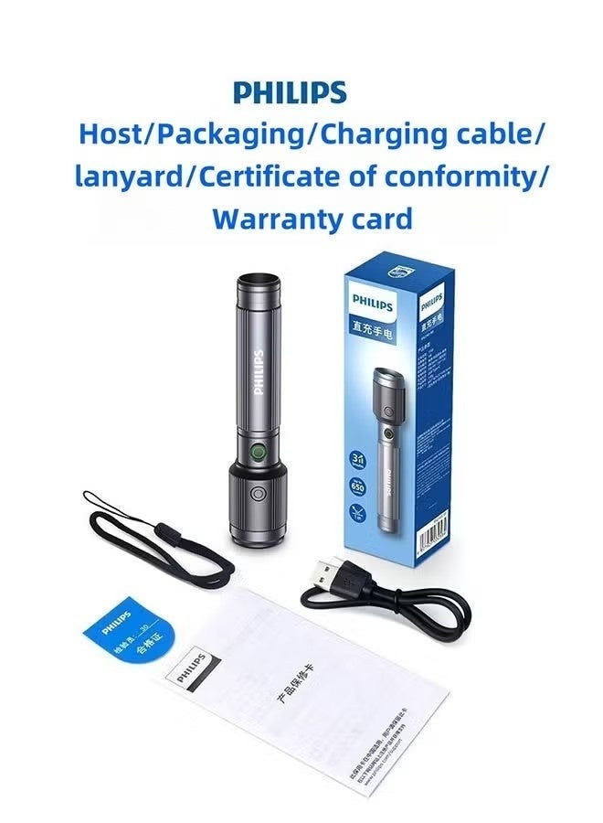 Philips Flashlight Waterproof Body Aluminum Alloy LED Rechargeable Flashlight with Strong Light, Long Battery Life, Zoom, Outdoor and Home Lighting Emergency Ligh - Image 2