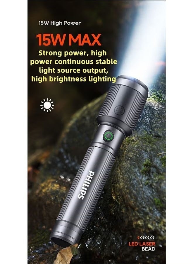 Philips Flashlight Waterproof Body Aluminum Alloy LED Rechargeable Flashlight with Strong Light, Long Battery Life, Zoom, Outdoor and Home Lighting Emergency Ligh - Image 3