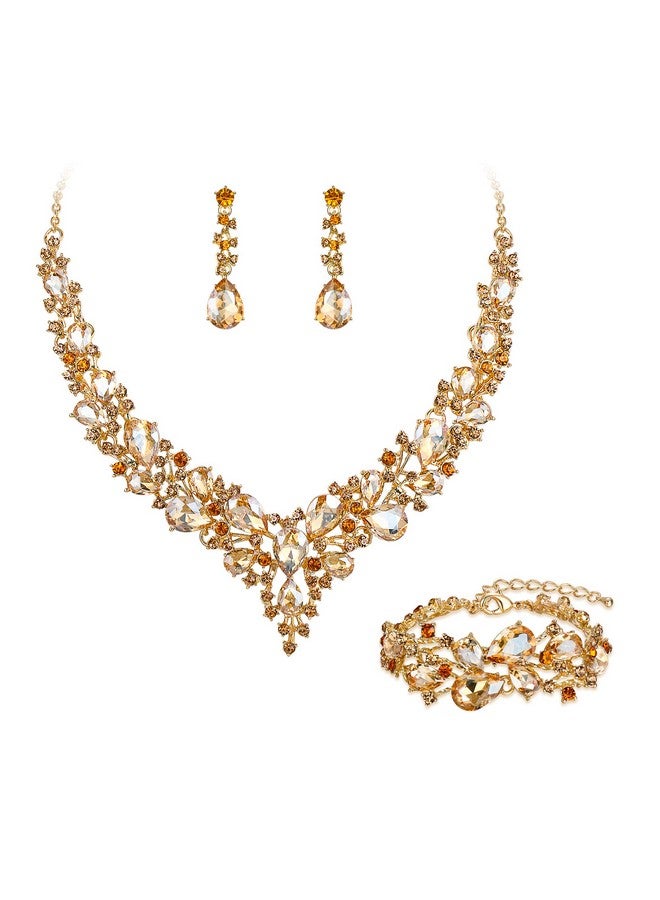 BriLove Wedding Bridal Jewelery For Women Austrian Crystal Teardrop Cluster Statement Necklace Dangle Earrings Link Bracelet Set Champagne Gold-Tone - Image 1