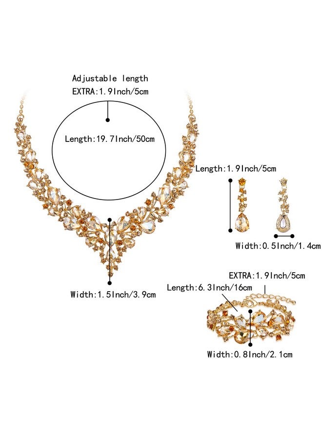 BriLove Wedding Bridal Jewelery For Women Austrian Crystal Teardrop Cluster Statement Necklace Dangle Earrings Link Bracelet Set Champagne Gold-Tone - Image 4