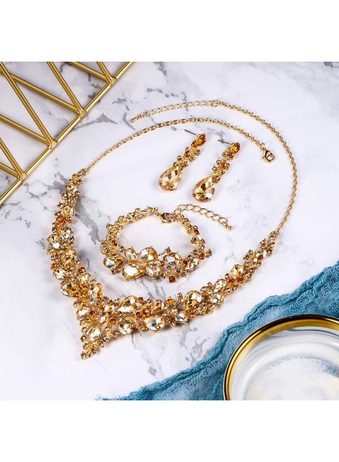BriLove Wedding Bridal Jewelery For Women Austrian Crystal Teardrop Cluster Statement Necklace Dangle Earrings Link Bracelet Set Champagne Gold-Tone - Image 3